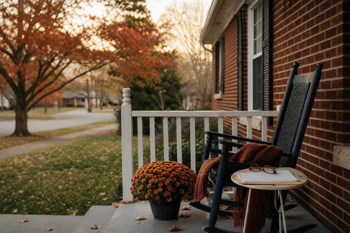 Brick ranch house porch in Louisville in the fall, with a rocking chair and a property tax envelope on a side table